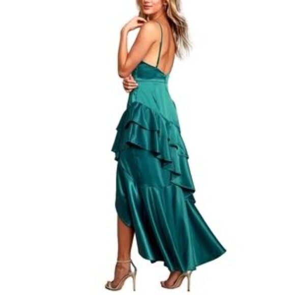 Lulus Yori Teal Green Satin Ruffled High-Low Maxi Dress - Picture 9 of 16